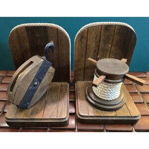 Nautical Bookends Block & Tackle Windlass Coiled Rope Vintage Japan